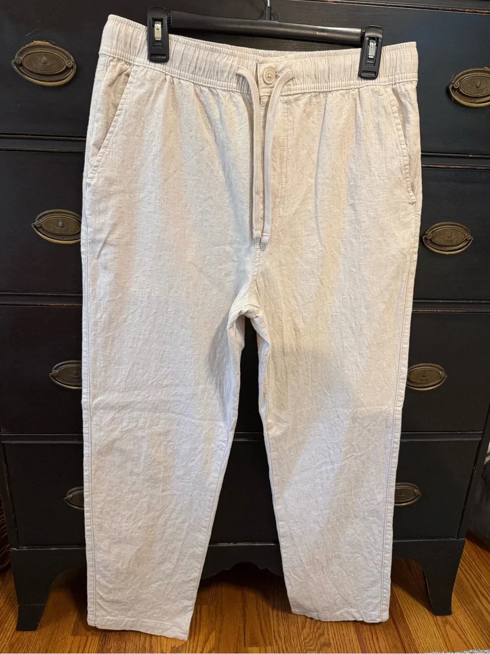 Men's Cream Linen Drawstring Casual Pants